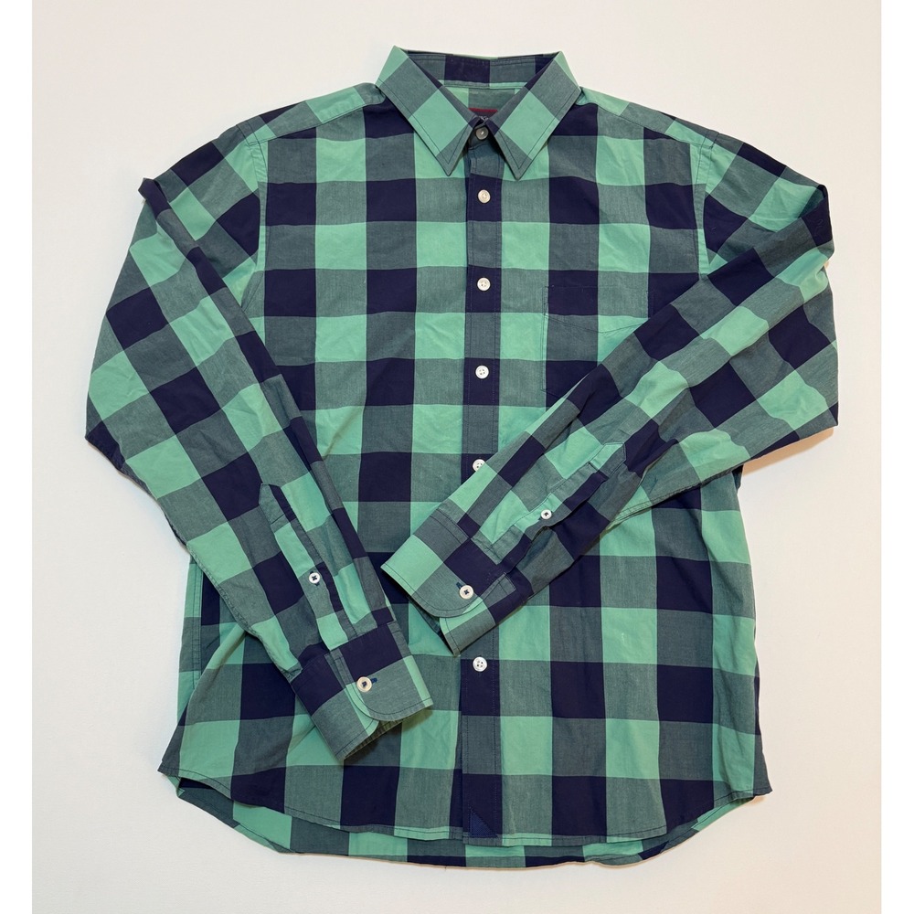 UNTUCKit Bonarda Slim Fit Shirt Mens Medium Green Navy Blue Buffalo Check Cotton